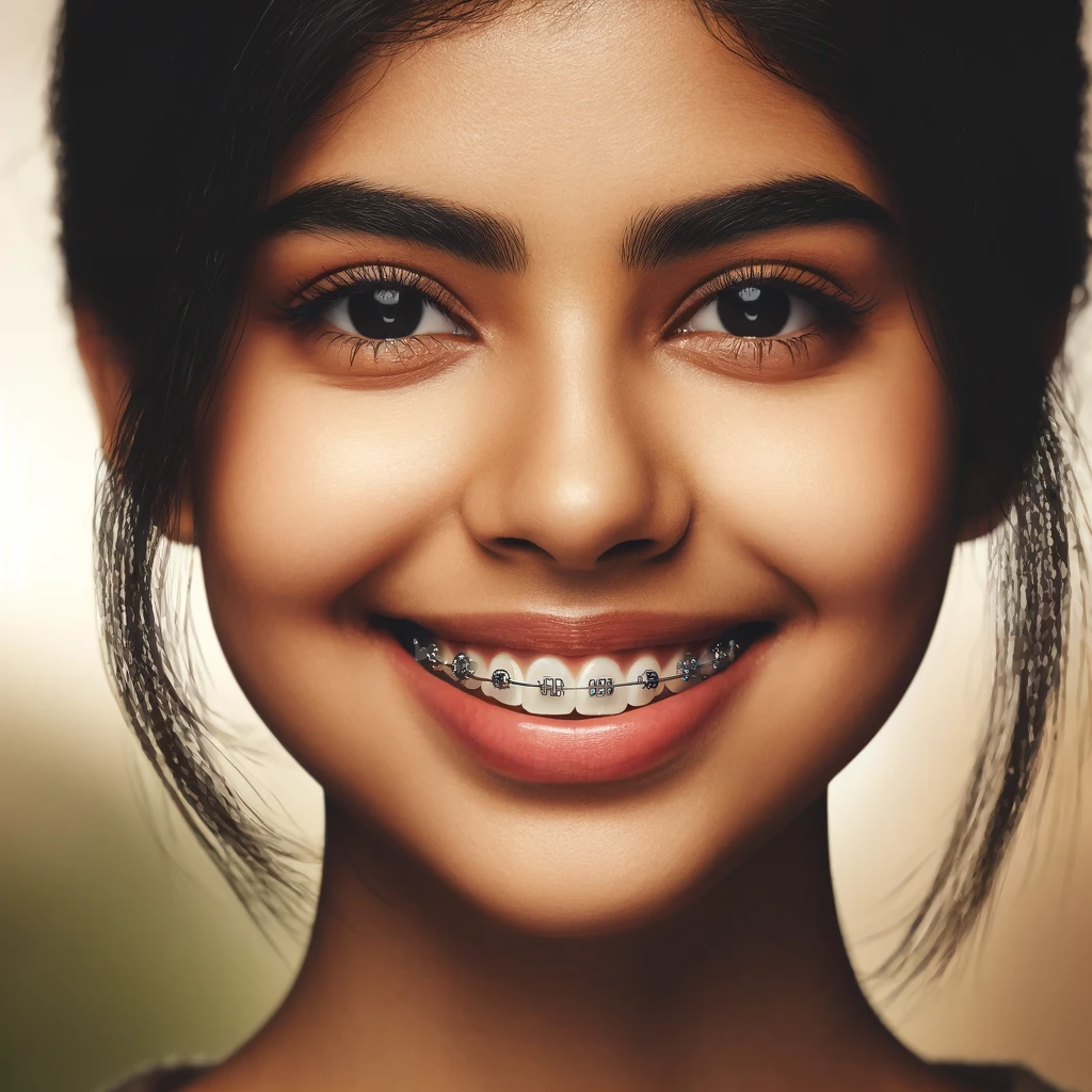 Confident young woman smiling with traditional braces, demonstrating how modern orthodontic treatment can enhance self-esteem while effectively aligning teeth