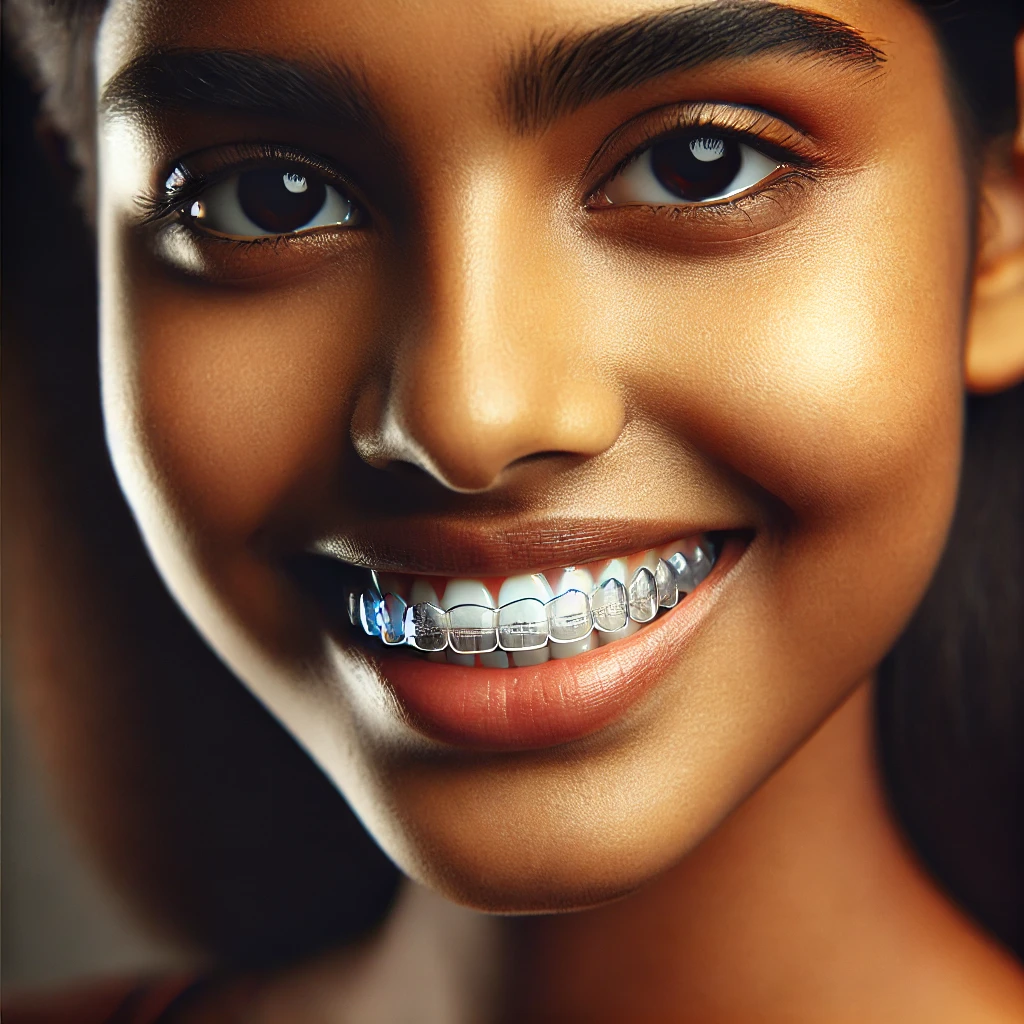 Patient holding clear Invisalign aligner, showcasing the virtually invisible nature of this modern orthodontic solution for discreet teeth straightening